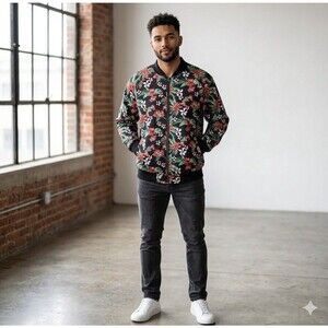 Society of One Bomber Jacket Mens 2XLT Black Tropical Floral Full Zip Streetwear